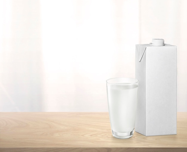 Milk in glass and milk box on wooden table on white background