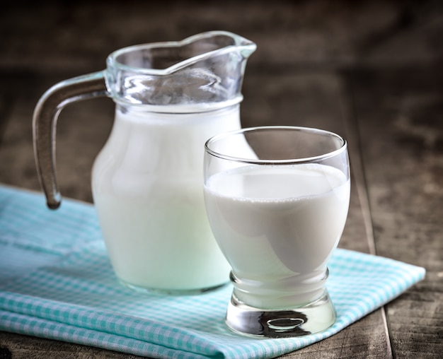 Milk in a glass on wooden