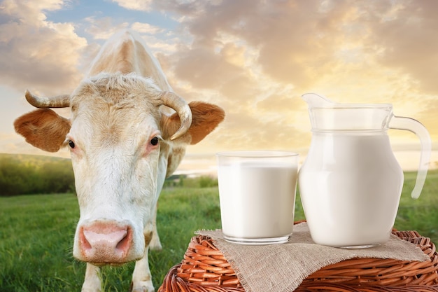 milk in jug and glass with cow