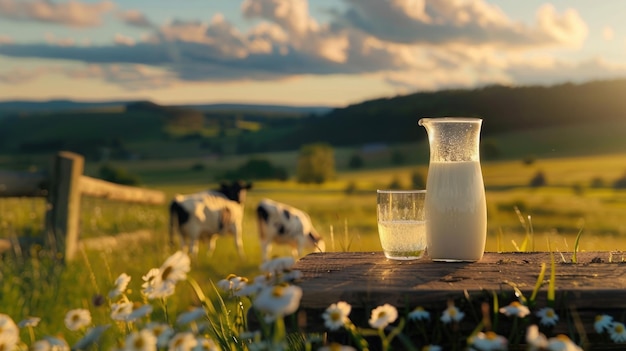 Photo milk jug and glass on wooden table over cow meadow