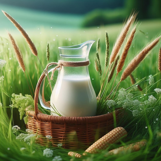 A milk jug in a green grass field