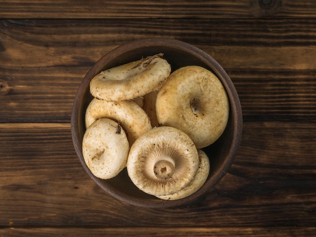 Milk mushrooms in a clay bowl on a blue background Flat lay