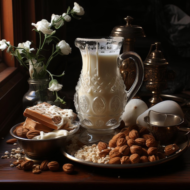 Milk and nuts are placed on the table