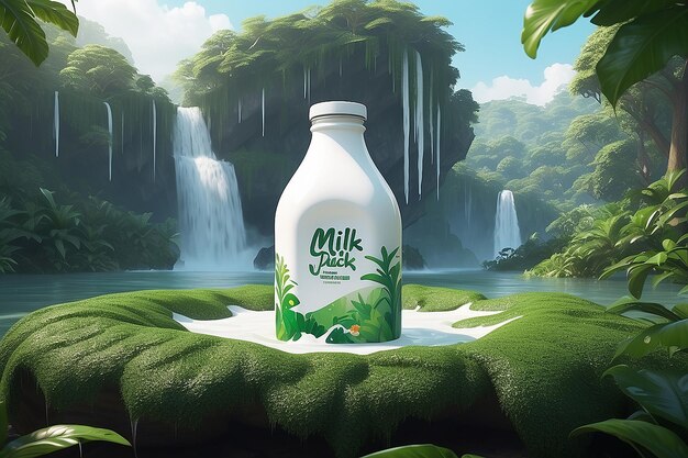 Photo milk package on wooden table on background of blurred landscape