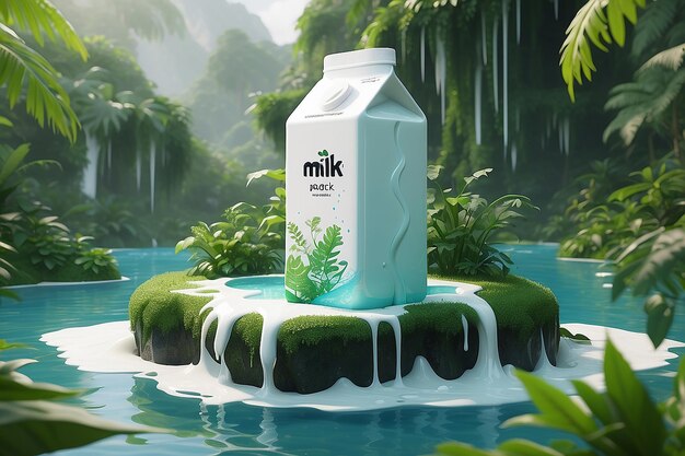 Photo milk package on wooden table on background of blurred landscape