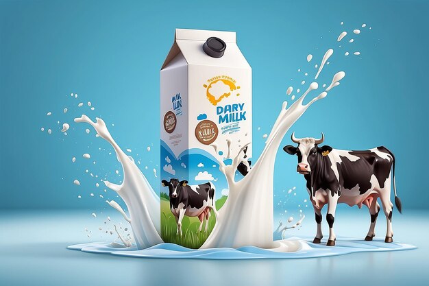 Фото Молоко, сливающееся с брызгом, изолированным на фоне боке с коровами молоко из бумажной картонной коробки