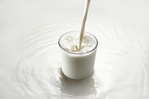 白い背景のグラスに牛乳を注ぐ 円の波紋