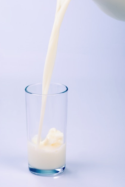 Молоко, льющееся в стакан на белом