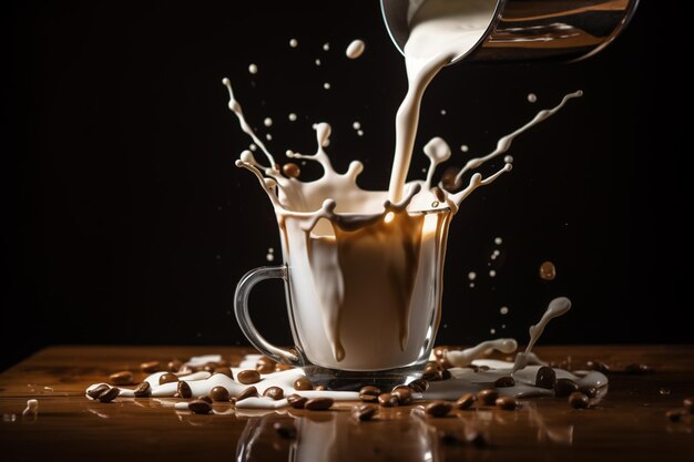 Photo milk pouring into glass with coffee ar c