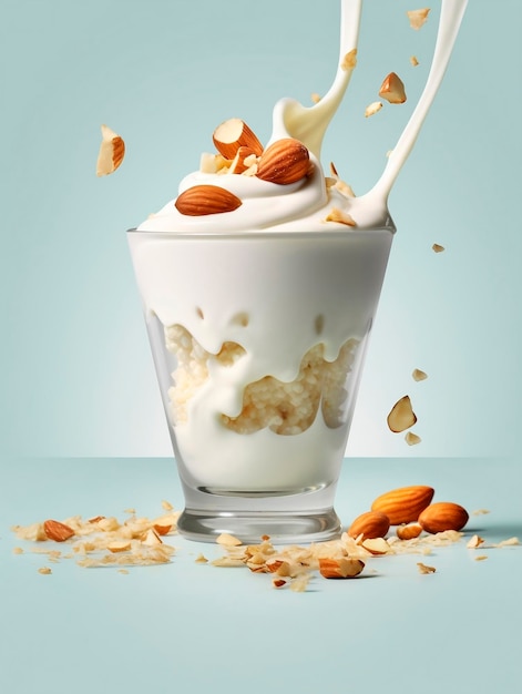 Milk pouring into glass with oat flakes and almonds on blue backgroundAI Generated