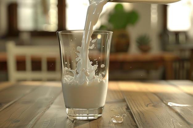 木製のテーブルにグラスに牛乳を注ぐ