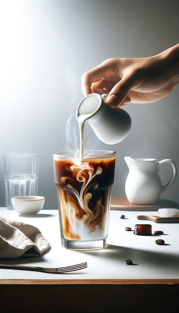 Milk Pouring into Iced Coffee