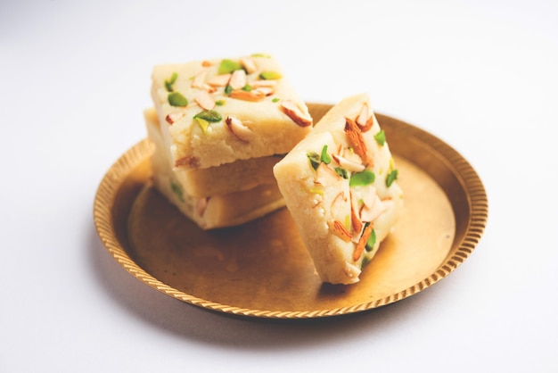 Milk powder barfi also known as Mava burfi white Khoya burfi or Barfee Indian Sweet food