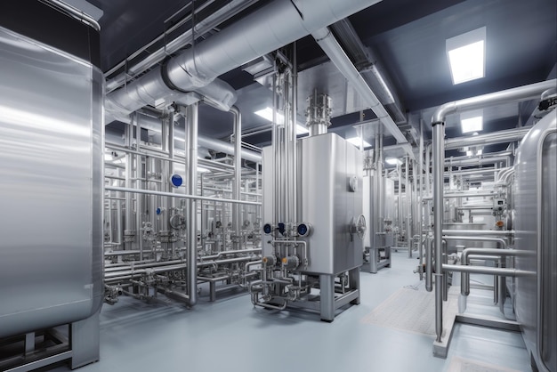 Milk Processing Plant Industrial Technology Control Room with Machinery and Piping Network at