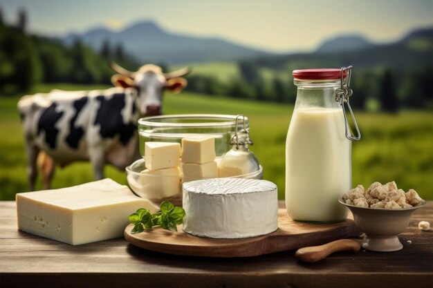 Фото Молочные продукты, выставленные на зеленом фоне луга с коровами