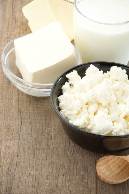 Milk products on wood background