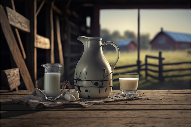 milk products on a wood table,Generative ai