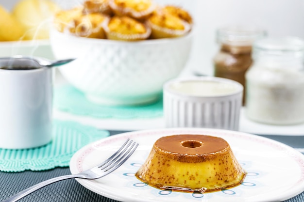 Milk pudding made with eggs and caramel condensed milk typical Brazilian dessert homemade afternoon coffee table