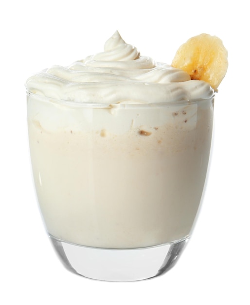 Milk shake with banana slice on white background