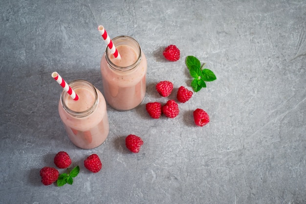 Milk shake with raspberries and berries.