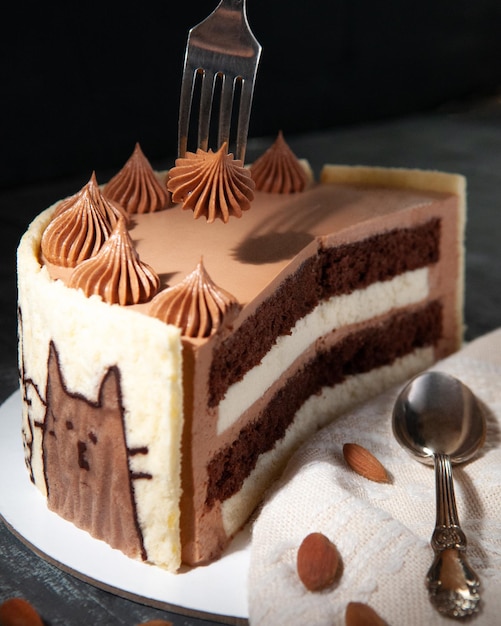 Fetta di torta al latte con mandorle di cacao e cioccolato soufflé decorato e waffle con gatti divertenti sfondo scuro closeup isolato