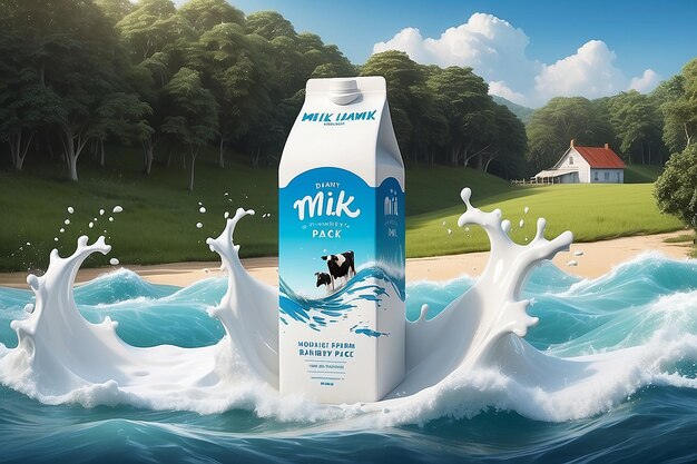 Photo milk splash banner ad fresh milk with grass field and bokeh sky vector 3d illustration