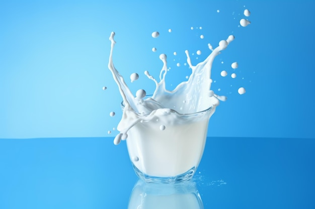 Milk splash on blue background Dairy concept