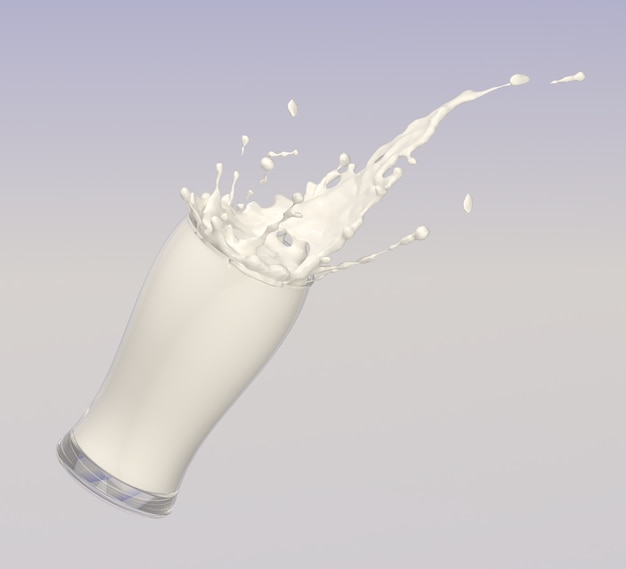 Photo milk splash in a glass 3d illustration on blue background, isolated