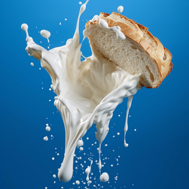 Milk splash on sliced bread against blue background ai generated