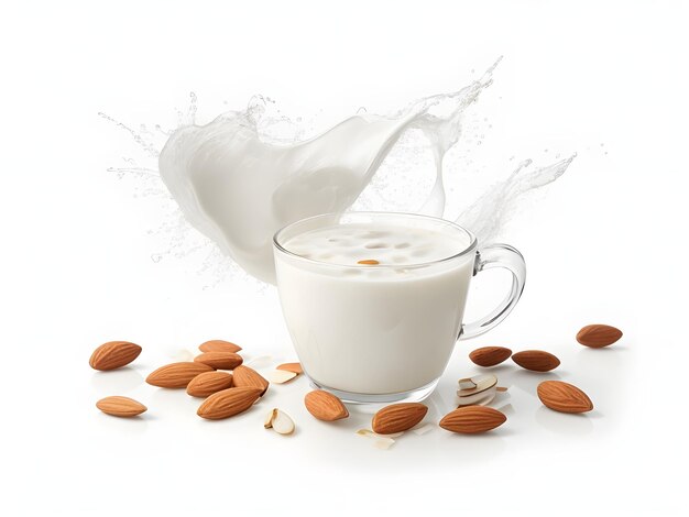 Milk splash with almonds isolated on transparent or white background png ai image