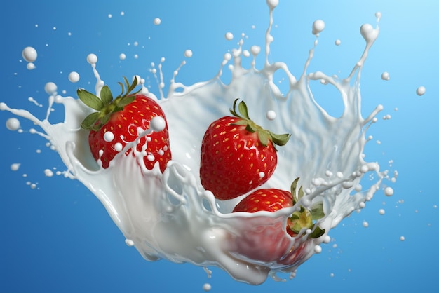 a milk splash with strawberry isolated on blue background