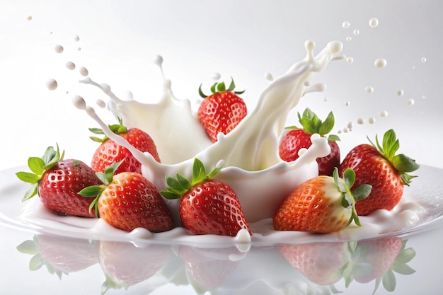milk splashes with strawberry on white background