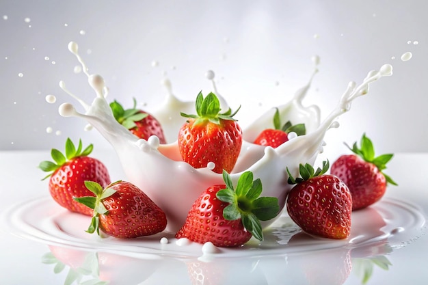 milk splashes with strawberry on white background