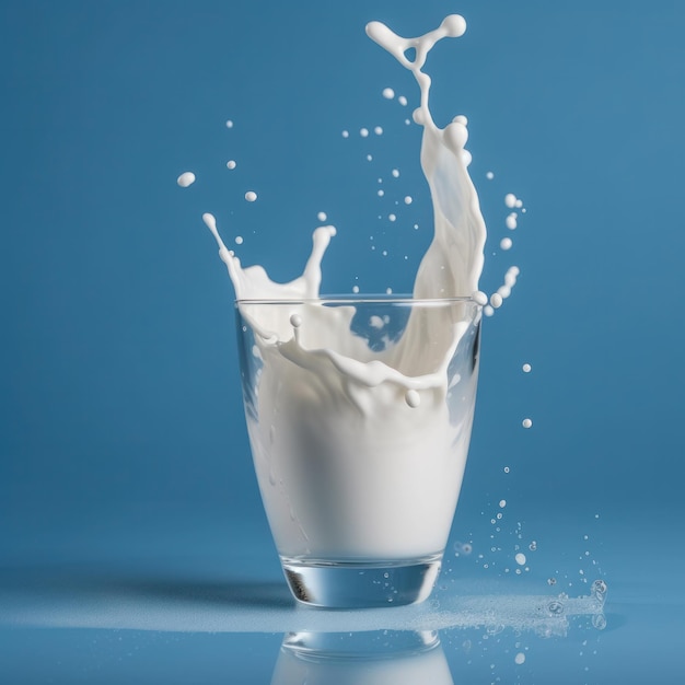 Milk splashing on a blue surface with artistic droplets