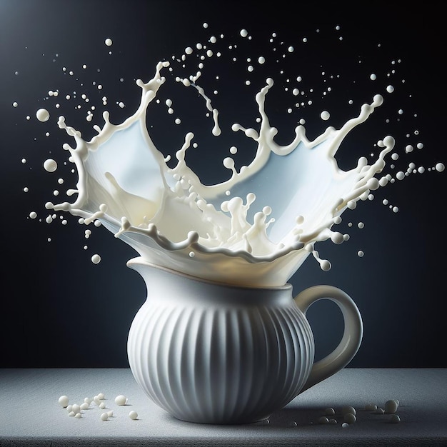 Milk splashing into a jug with splashes of milk