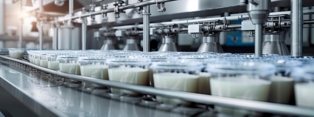 Foto nastro per il latte nei prodotti dell'industria alimentare pronti per l'imballaggio automatico concetto con produzione alimentare automatizzata ai generativa