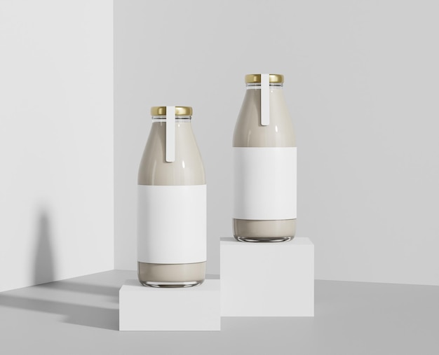 Milk tea in a clear glass bottle with a label, a glass bottle of milk mockup