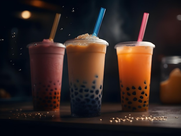 milk tea with bubble tapioca pearls on black background