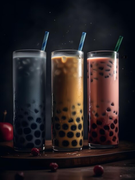 milk tea with bubble tapioca pearls on black background