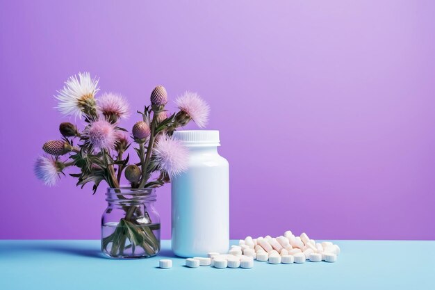 写真 ミルク・ディストル・ハーブ・プラント (milk thistle herb plant) とハーブ・ピル・ボトル (bottle of herbal pills) 肝臓の健康のために作られたハーブの植物です