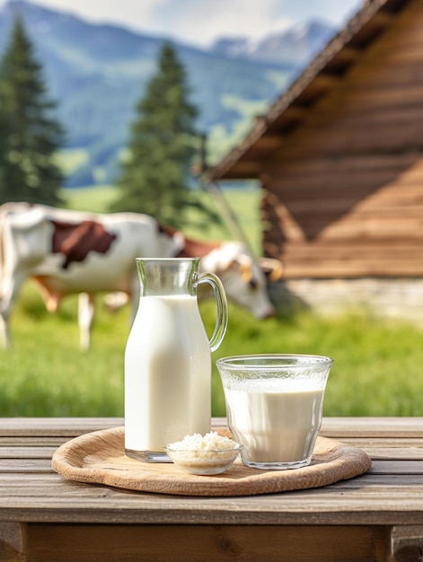 milk with hay on wooden table and cow grazing in meadow