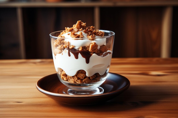 Milk with sweet homemade granola in glass cup on wooden table