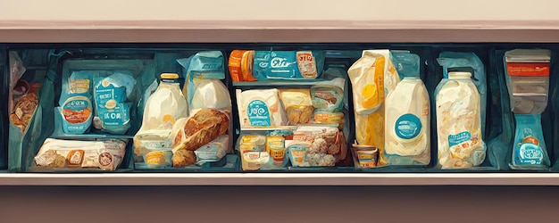 Milk and yogurt dairy product food on store shelf digital illustration