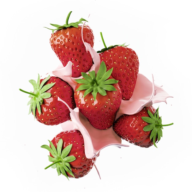 Milk yogurt splash from strawberry on white background. 3d rendering illustration. 