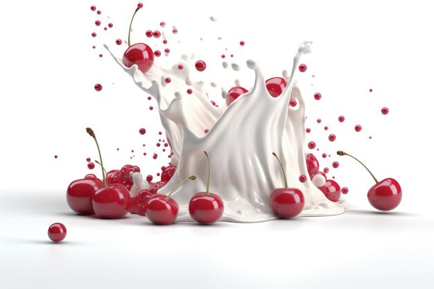 milk or yogurt splash with cherrys isolated on white background AI