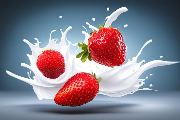 우유 또는 요구르트 스플래시와 배경에 딸기 3D 렌더링