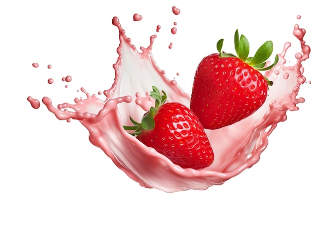 milk or yogurt splash with strawberries isolated on white background 3d rendering