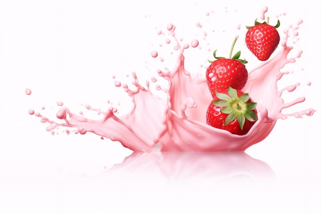 milk or yogurt splash with strawberries isolated on white background 3d rendering