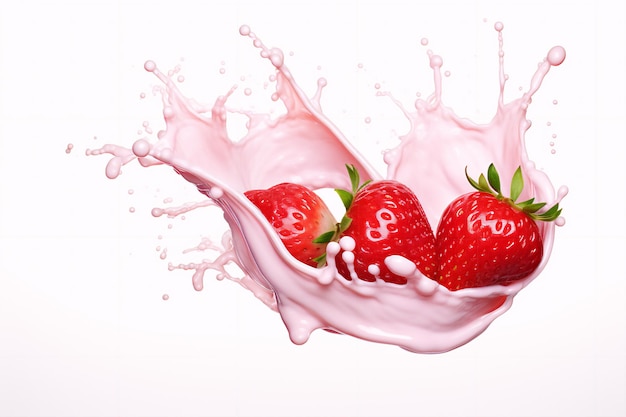 milk or yogurt splash with strawberries isolated on white background 3d rendering