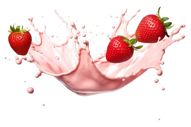 흰색 배경 3d 렌더링에 분리된 딸기와 우유 또는 요구르트 스플래시